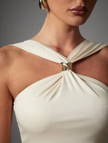 Hauture Women Halter Neck Ruched Brown Crop Top With Gold Ornament - Apricot - View 3