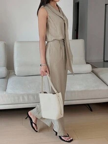 DAZY Women's Sleeveless Poncho Top And Loose Straight Leg Pants 2 Pieces Casual Set - Khaki - View 5