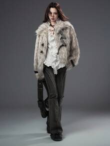 ROMWE Grunge Punk Abrigo reversible holgado de cuello alto con estampado de lunares y cuello de piel sintética, versátil, elegante y de estilo urbano para mujer en otoño/invierno y Halloween