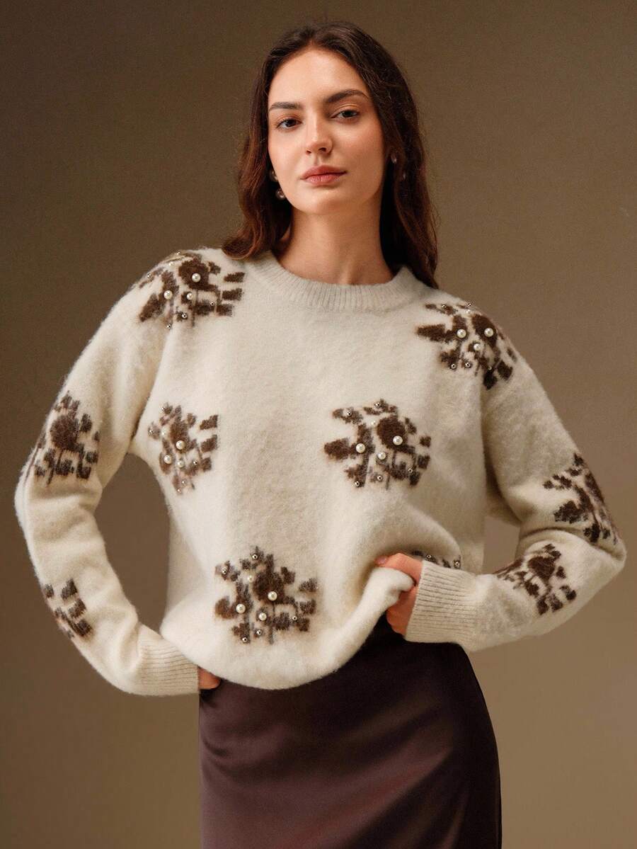 Anewsta 女士复古铆钉珍珠提花花卉针织毛衣、外套 - 奶油色 - 查看 1