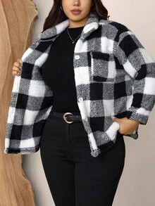 Zelara Plus Buffalo Plaid Print Drop Shoulder Coat, For Winter Fall Autumn - Black and White - View 3