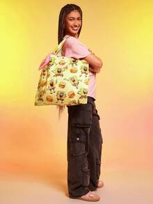 SpongeBob SquarePants | SHEIN 1 件可爱卡通汉堡图案可折叠购物袋，手提袋，带可拆卸链条袋，适合挂在包上 - 黃色 - 查看 4