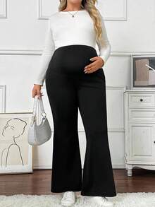 SHEIN 加大码孕妇纯色可调节腰部喇叭裤，带保暖内衬