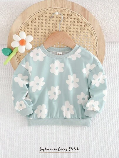 Cozy Pixies 女婴彩色花卉针织柔软圆领落肩卫衣