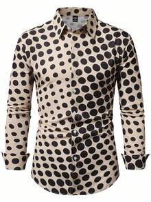 Manfinity AFTRDRK Men's Polka Dot Print Single-Breasted Casual Long Sleeve Shirt Mens Geometric Print Shirt Men Polka Dot Shirt Men Dot Shirt Geometric Print Men Shirt Polka Dot Shirt Men, Fall - Khaki - View 3