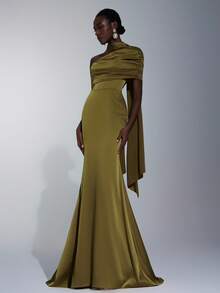 Elitara 优雅、浪漫、性感、时尚、绿色、弹力缎面、鱼尾下摆、拖尾、网红、节日、度假、生日派对、婚礼活动、伴娘礼服 - 軍綠色 - 查看 6