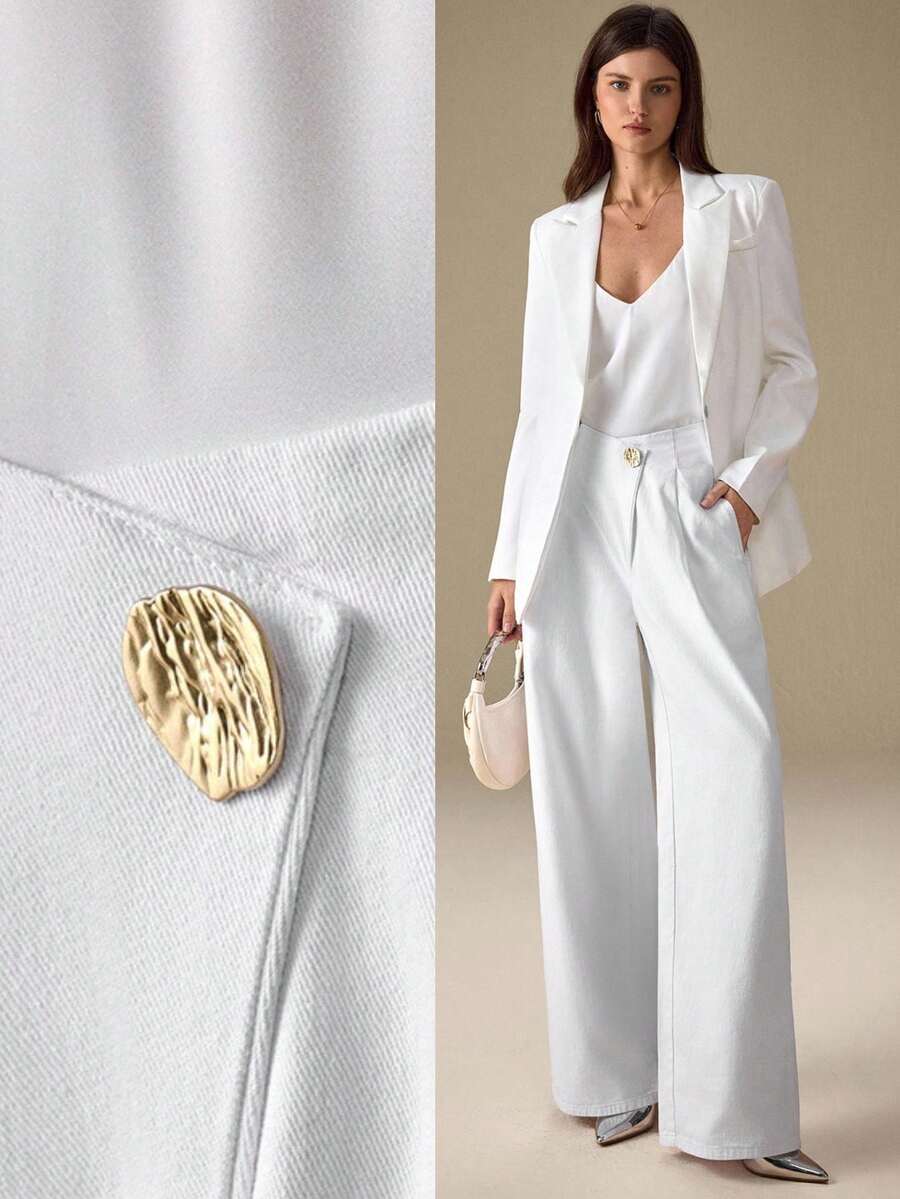 Selenza 女式金属纽扣腰口袋褶皱阔腿宽松休闲牛仔裤 - 白色 - 查看 1