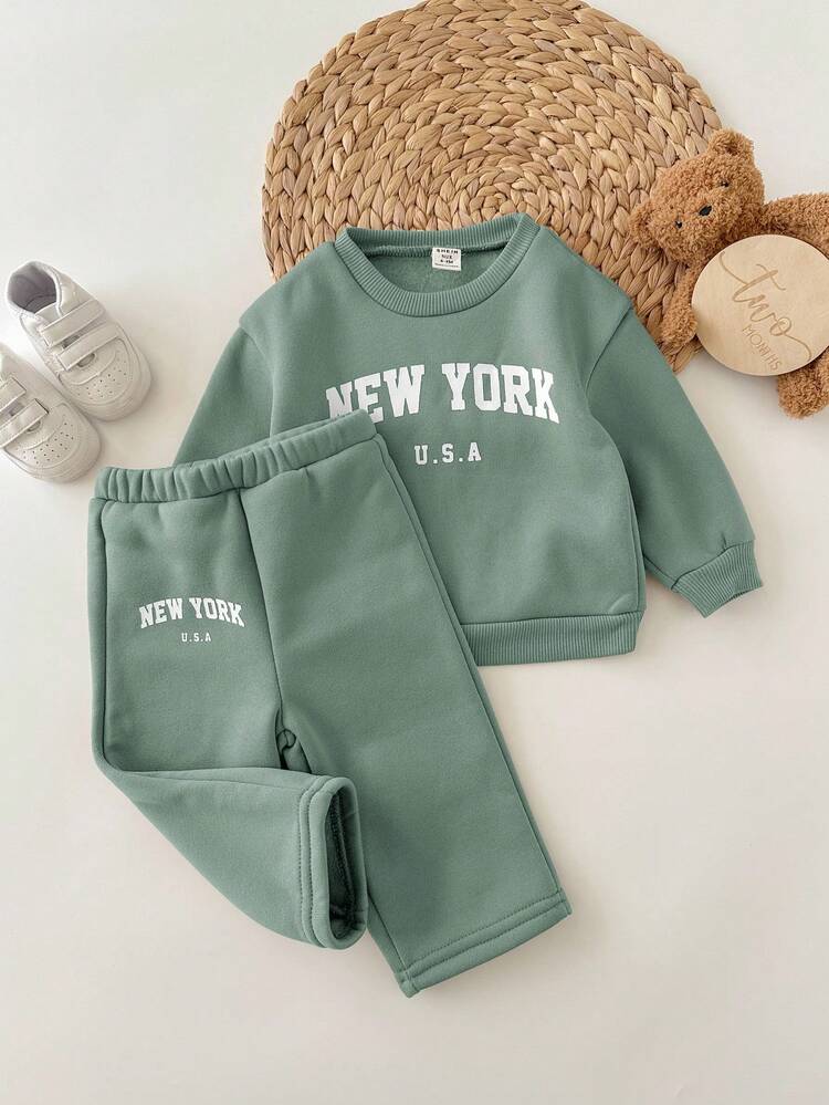 SHEIN 2 件 Babygirl 宽松休闲字母印花长袖圆领运动衫和运动裤套装，适合户外和室内穿着 - 綠色 - 查看 4