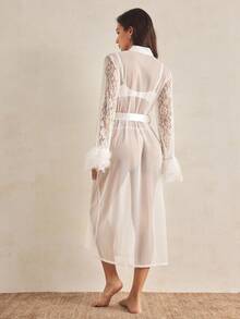 Charlaine French Terry Satin & Mesh Lace-Up Long Women Robe, Chic Autumn Elegant - White - View 3