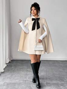 Elenzga 大码女式时尚休闲法式复古优雅珍珠纽扣撞色蝴蝶结斗篷外套，适合教堂、毕业典礼等特殊场合，秋冬季节穿着