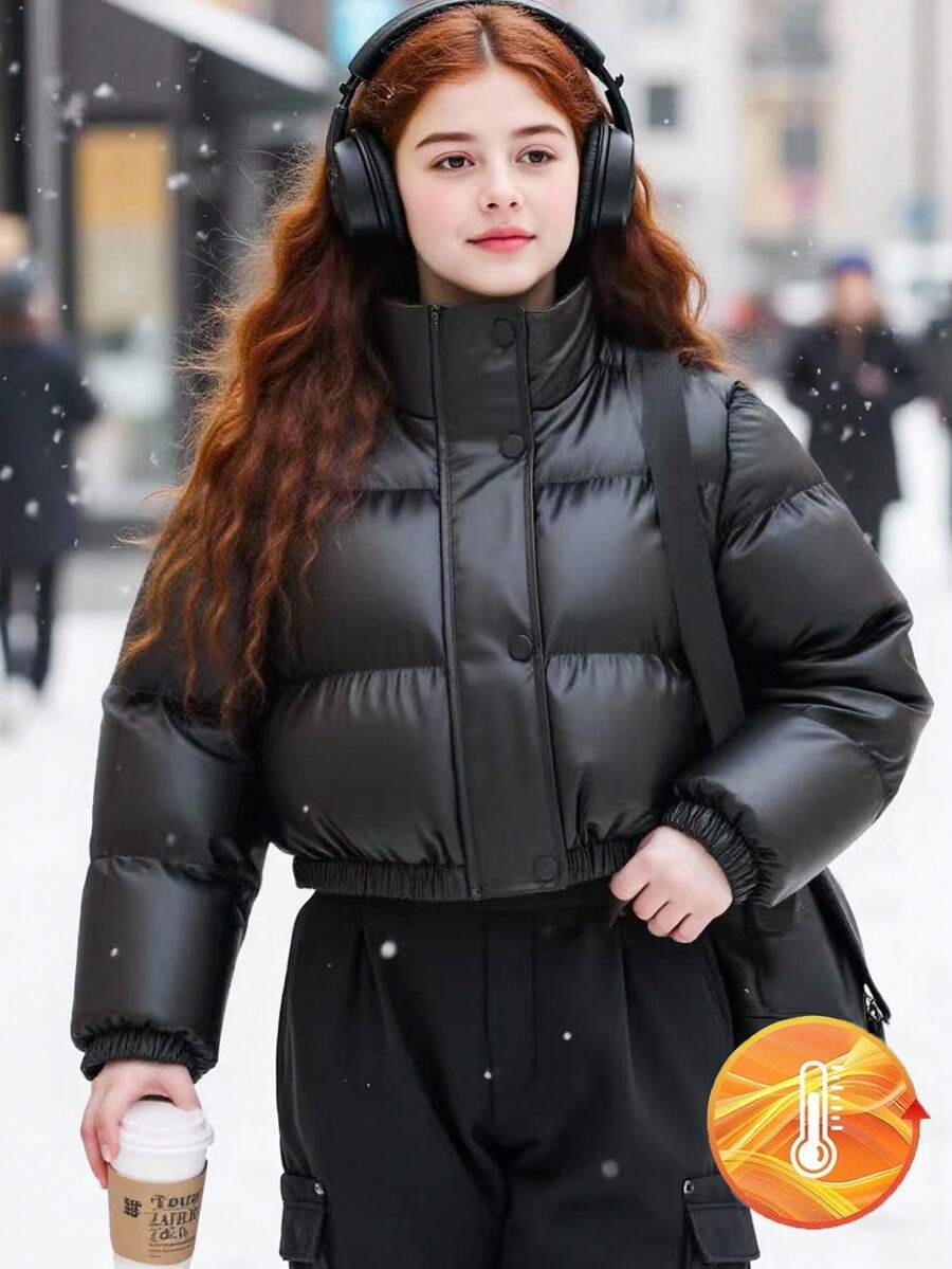 SHEIN 1pc Tween Girl PU Leather Warm Versatile Stand Collar Thick Padded Coat, Winter Fall - Black - View 1