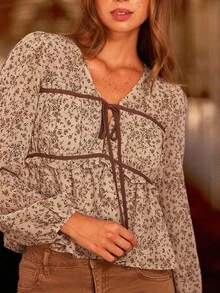 WESTFADE 花卉雪纺 V 领蝴蝶结前开孔镂空长袖飘逸上衣 女式可爱秋季上衣 - 杏色 - 查看 5