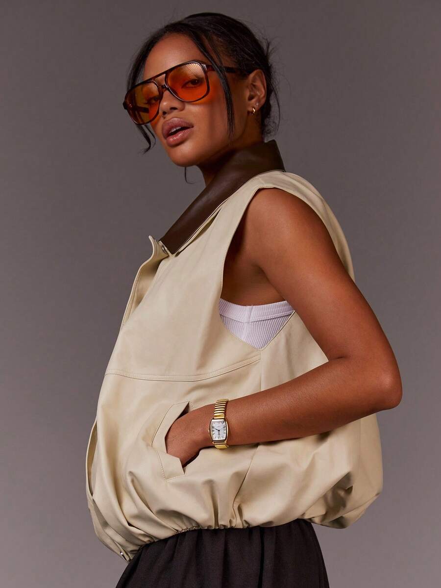 Athîral 秋季女士夹克、棕色夹克、运动夹克、宽松上衣、休闲背心、PU夹克、短款夹克、冬季女士外套 - 彩色 - 查看 1