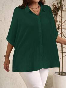 EMERY ROSE Plus Size Women's Solid Color Batwing Sleeve Single-Breasted Casual Loose Shirt - Dark Green - View 3