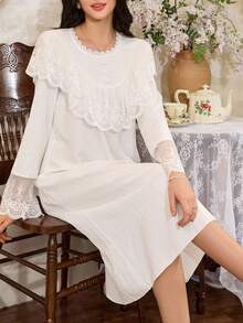 Côtesoire Women's French Elegant Romantic Lace Patchwork Ruffle Trim Button Down Nightgown, Fall Lace Sleepwear - White - View 5