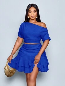 SOLERSUN 大码夏季服装 夏季服装 女式演唱会服装 狂欢服装 节日度假服装 商务休闲 女士沙滩装 女士度假服装 女士办公室服装 复古风 波西米亚风格 女士端庄优雅派对日间装 杏色针织不对称领口褶皱两件套 热带狂欢服装 节日音乐会服装 - 寶藍色 - 查看 5