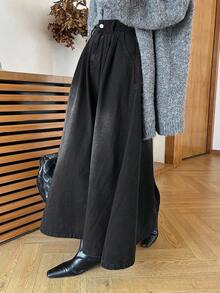 DAZY 女士A字牛仔裙，宽松休闲优雅 - 黑色 - 查看 3