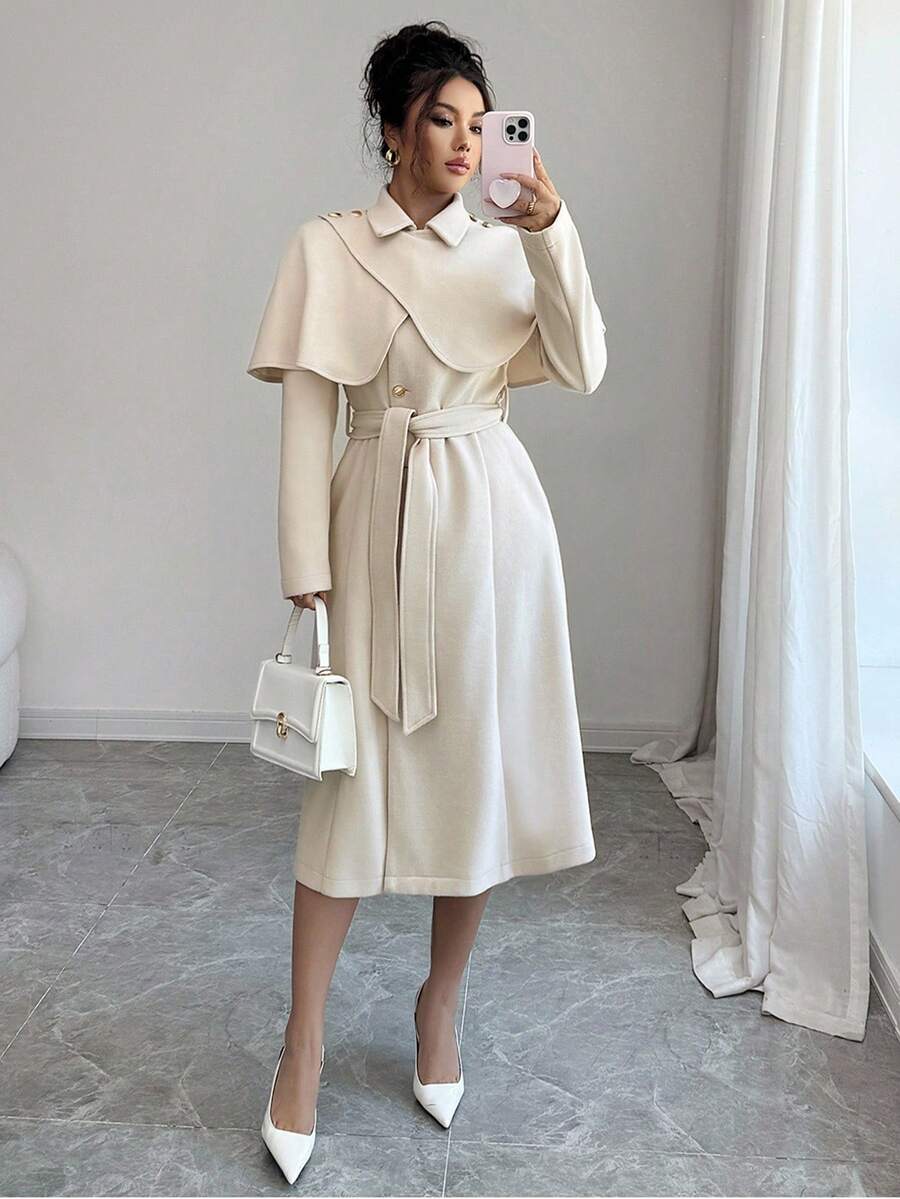 Elenzga 女士优雅简约高端正式办公室通勤休闲节日派对翻领腰部喇叭形单排扣金属纽扣斗篷外套带口袋,长袖中长款大衣,秋冬 - 杏色 - 查看 1