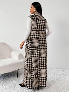 SHEIN Lady Conjunto de traje de mujer de talla grande con chaqueta larga y pantalones de pierna ancha con estampado de pata de gallo - Caqui - Ver 2