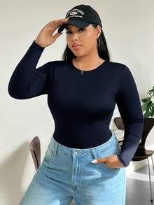 SHEIN EZwear 大码女式纯色圆领长袖休闲T恤紧身衣 - 藍色 - 查看 5