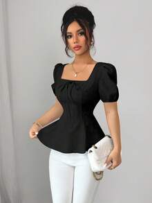 Elenzga 全新时尚百搭法式蝴蝶结灯笼袖优雅提花面料女式衬衫 - 黑色 - 查看 6