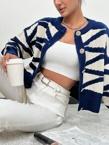 EURMUSE Graphic Pattern Drop Shoulder Cardigan - Navy Blue - View 4