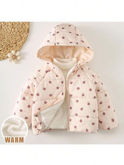 Loomiva 女婴花卉印花连帽长袖保暖夹克，百搭舒适婴儿花卉棉服外套，婴儿花卉印花棉服外套，婴儿花卉棉质外套，婴儿连帽冬季外套，婴儿冬季夹克，女婴粉色棉服外套，女婴花卉夹克，女婴冬季服装，粉色连帽外套