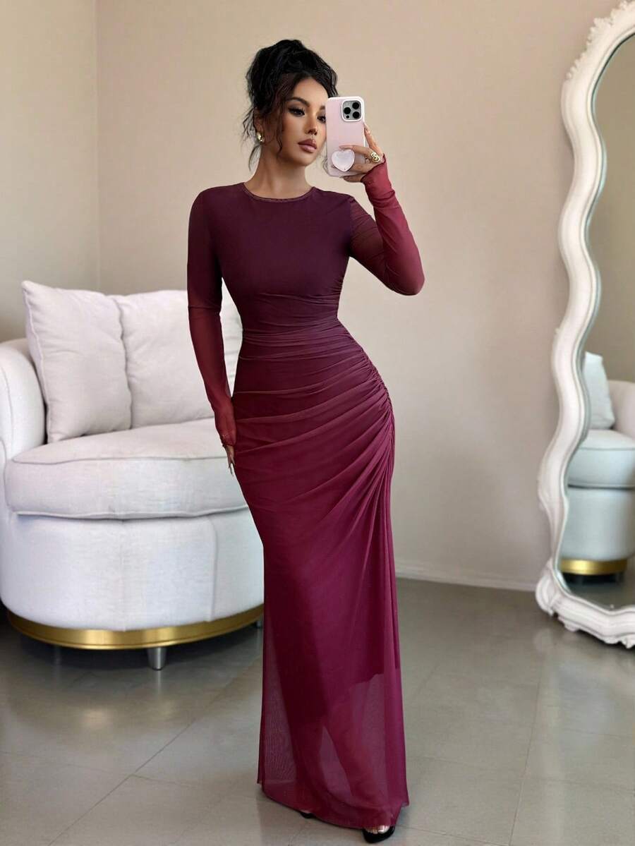 Rafferiza 女式透视网眼长袖渐变色褶饰紧身连衣裙，休闲日常/沙滩/居家/办公室连衣裙 - 酒紅色 - 查看 1