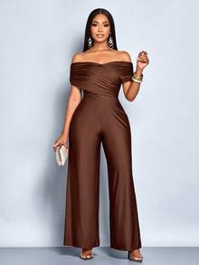 SOLERSUN 女士优雅纯色十字交叉褶饰露肩连体裤 - 咖啡棕 - 查看 5