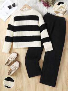 Sparklyn 1 Set Soft & Skin-Friendly Colorblock Striped Crew Neck Loose Sweater & Straight Leg Wide Pants, Versatile Outfit For Casual, Outdoor, Gathering And More Occasions, Suitable For Tween Girls Fall Winter - Multicolor - View 1