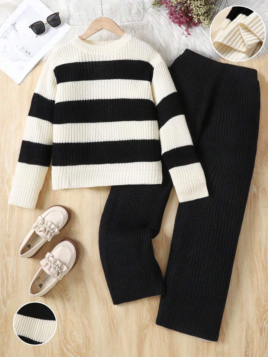 Sparklyn 1 Set Soft & Skin-Friendly Colorblock Striped Crew Neck Loose Sweater & Straight Leg Wide Pants, Versatile Outfit For Casual, Outdoor, Gathering And More Occasions, Suitable For Tween Girls Fall Winter - Multicolor - View 1