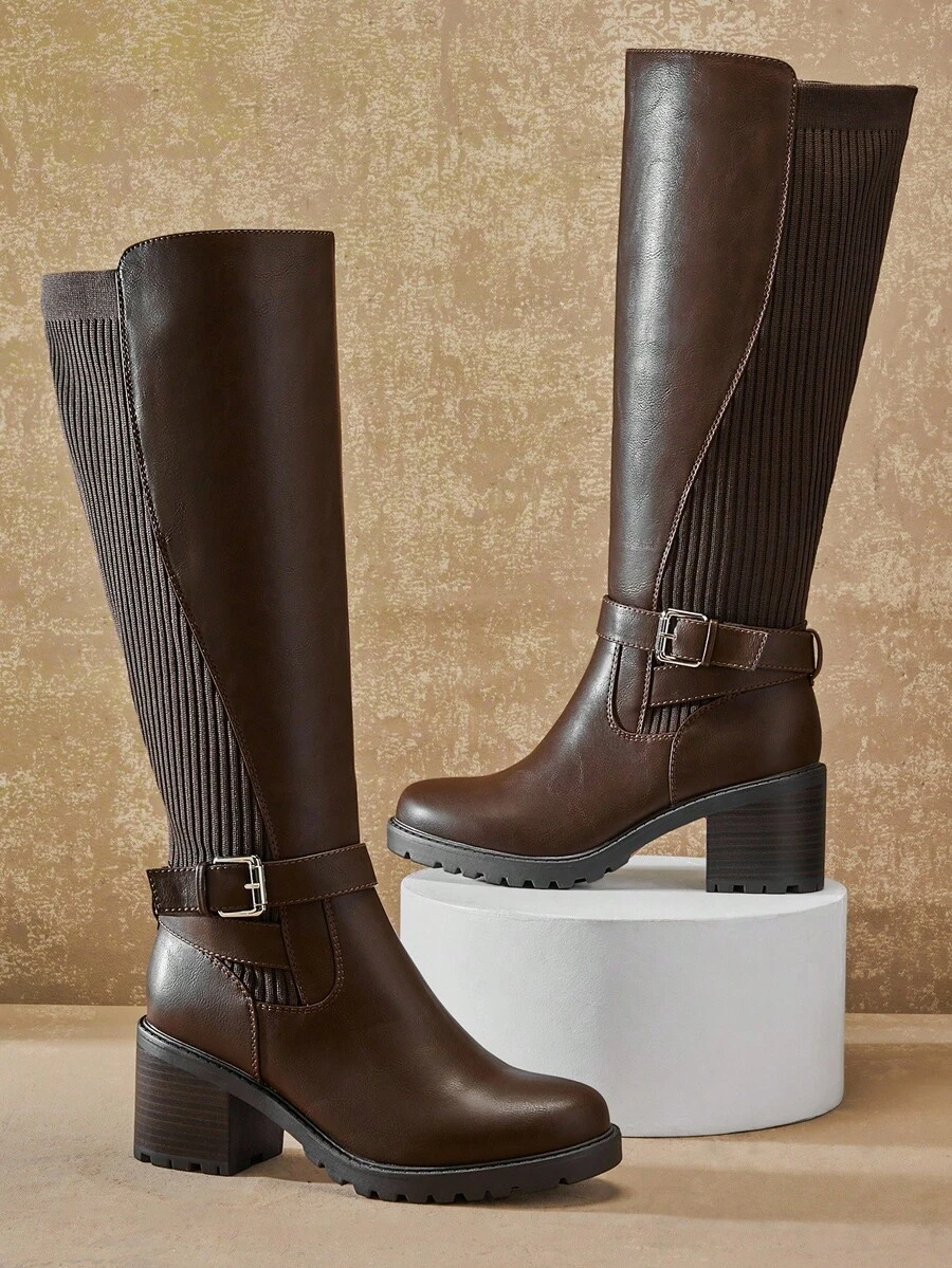 SHUZIA Women's Stylish & Comfortable Block Heel Knee-High Boots With Buckled Strap For Christmas
