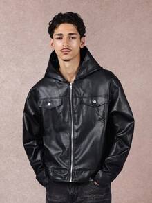 SUMWON Crop Fit Premium Faux Leather Jacket With Hood Classic Trucker Style Winter Fall Outerwear Casual Streetwear Motorcycle Fashion Urban Zip Up - Black - View 5