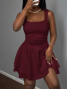 Slaydiva 2026春夏新款休闲度假浪漫基础款街头日常性感优雅通勤派对夜店俱乐部纯白无袖层叠迷你连衣裙，女士大码连衣裙 - 酒紅色 - 查看 6