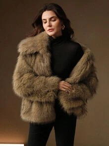 Anewsta 秋冬新款百搭芥末黄宽松翻领长袖毛茸茸外套