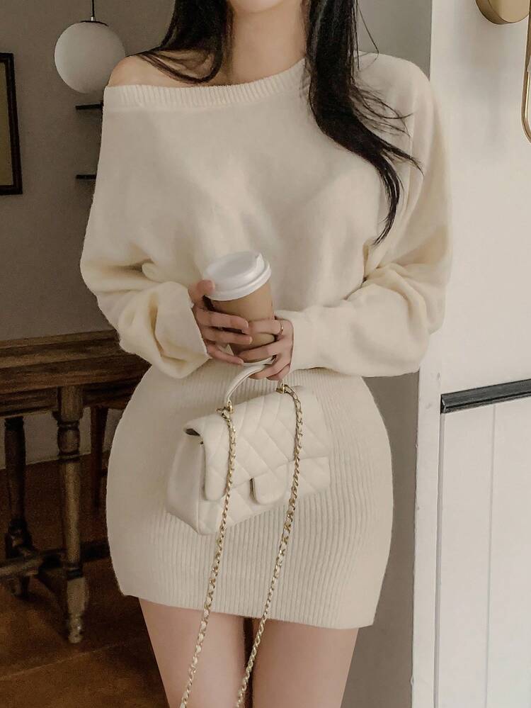 Women Oblique Shoulder Bodycon Mini Dress, Autumn/Winter Sweater Dress