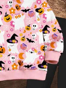 SHEIN Happikins Cream Pink Pumpkin Color, Super Cute Mini Pumpkin & Ghost Floral Pattern, Adorable Witch & Fairy, Pink Autumn Vibe, Baby Girl Casual Knit Soft Thick Crew Neck Long Sleeve Sweatshirt And Leggings Set, Suitable For Autumn/Winter Fall - Multicolor - View 6