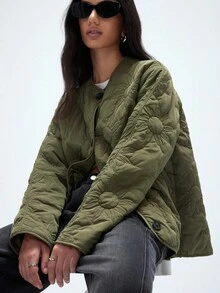 Aveloria Affinna Abrigo acolchado corto versátil y casual con diseño único de girasol en color verde oliva