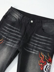 ROMWE MEN Street Life Herren Jeans mit Flammen Muster, Tasche, Falten und weitem Bein - Schwarz - Übersicht 4