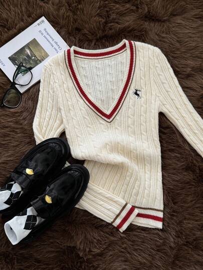 Muvela Jersey de manga larga con cuello en V para mujer, estilo vintage ajustado, con ribete de contraste, estilo universitario retro, para uso casual diario, vuelta al colegio, ir al trabajo, salidas cotidianas, té de la tarde, aeropuerto, estética de dinero antiguo en otoño/invierno