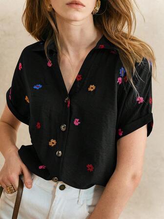 Écloséra 女士花卉刺绣翻领短袖休闲度假衬衫
