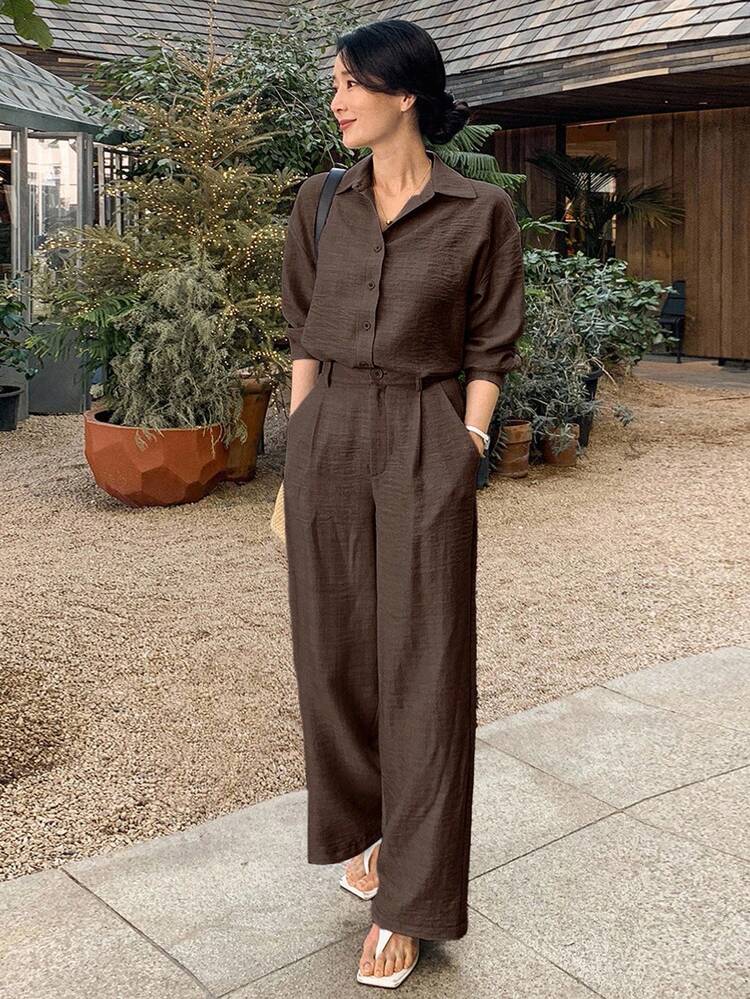 2pcs/Set Women High-End Shirt Top & Stylish Casual Pants Suit,Fall Clothes Lounge Sets For Women