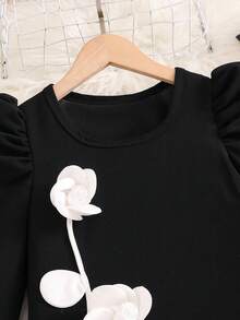 Sparklyn Girls' Black Square Neck Dress With Puff Sleeves, Fitted Silhouette With Zipper Front And 3D Floral Decor, Unique Cut And Tailored Design, Fashionable, Elegant And Playful, Suitable For Any Occasion Fall Winter - Black - View 4