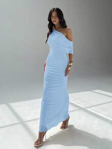 Aloruh 女式不对称领口简约纯色修身连衣裙 - 淺藍色 - 查看 3
