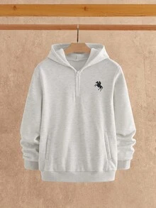 Manfinity NXTstreet 男士骑士刺绣半拉链连帽衫和运动裤休闲运动服套装，秋季服装，冬季服装 - 灰色 - 查看 7