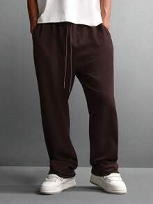 SUMWON 罗纹针织直筒运动裤，舒适居家休闲冬季裤，棕色抽绳腰带，舒适休闲下装，纯色 - 咖啡棕 - 查看 4