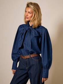 COSMINA 女式系带长袖休闲牛仔衬衫 - 藍色 - 查看 5