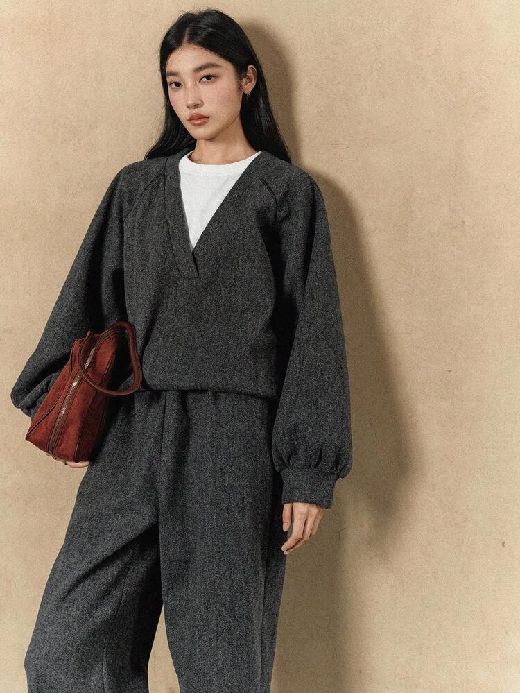 Women's Fashion Casual V-Neck Long Sleeve Top & Pants 2 Pieces Set Lounge Sets For Women Business Casual Woman