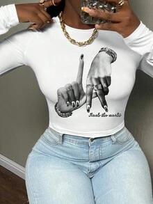 Slaydiva LA Casual Hand Gesture Letter Print Cropped Crew Neck Long Sleeve Fitted Women T-Shirt, Suitable For Spring/Autumn - White - View 1