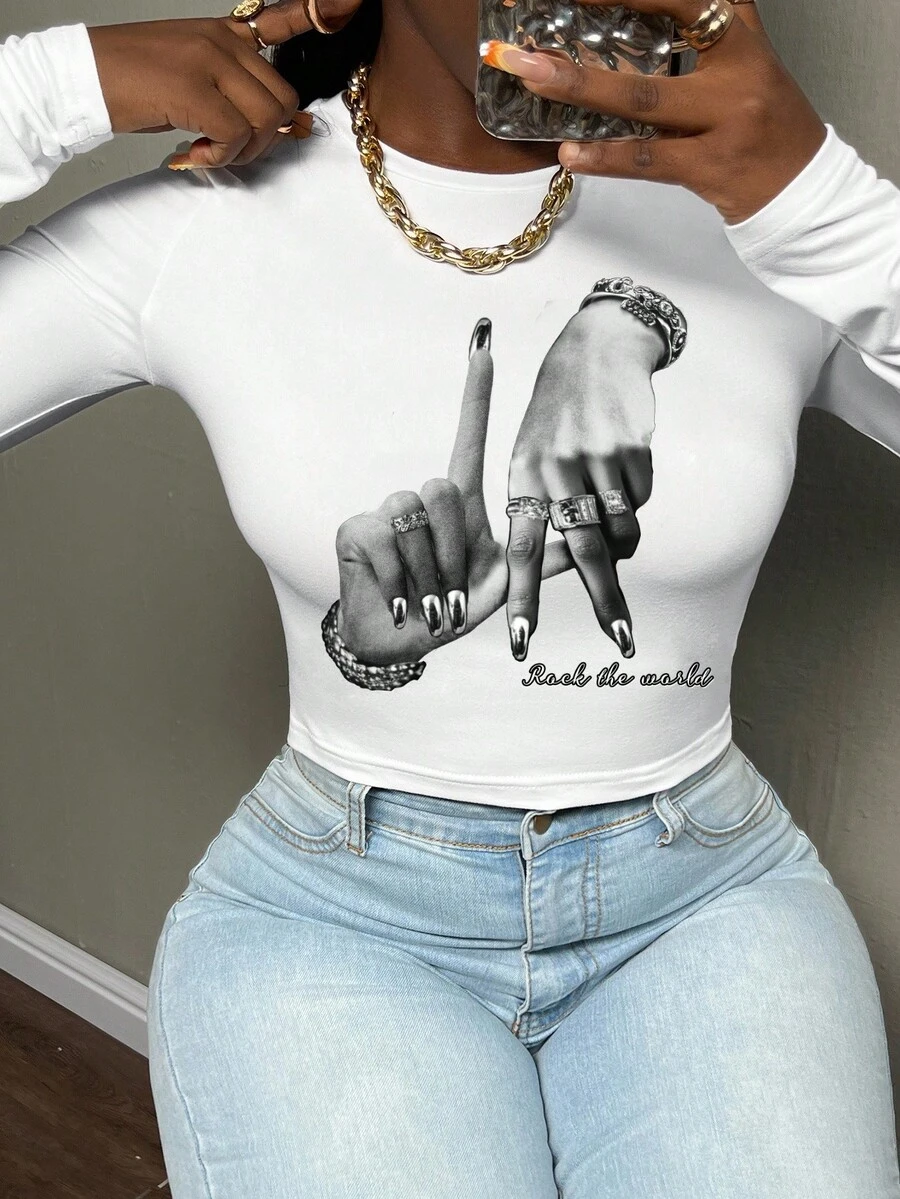 Slaydiva LA Casual Hand Gesture Letter Print Cropped Crew Neck Long Sleeve Fitted Women T-Shirt, Suitable For Spring/Autumn - White - View 1